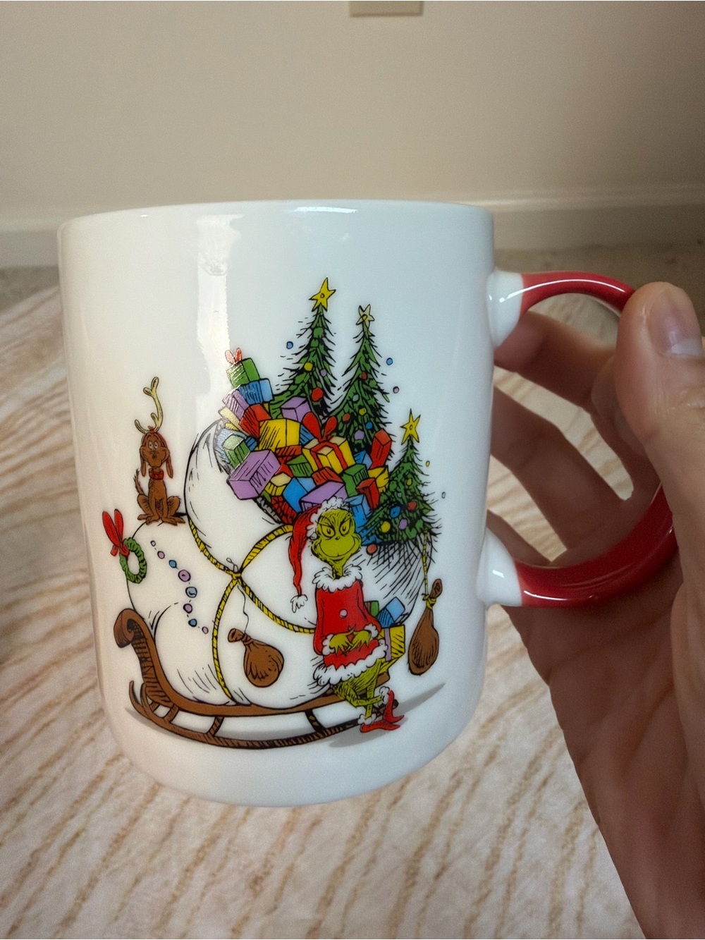Festive Grinch Ceramic Mug with Red Handle